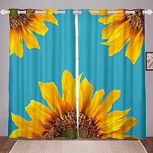 Sunflower Window Curtain Panels For Kids Boys Girls Teens, Romantic Flowers Window Drapes, Yellow Floral Curtains Petal Garden Rustic Window Treatment Adult Bedroom Decor, Teal Blue 76