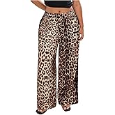 Floerns Women's Plus Size Y2K Leopard Print Side Striped Drawstring Waist Wide Leg Baggy Pants
