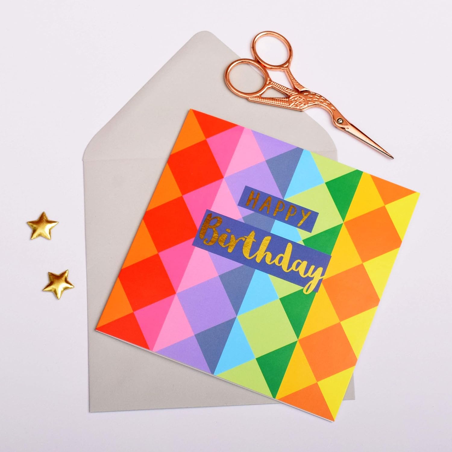 Claire Giles Greeting Cards, Happy Birthday Card, Colour Diamonds, Text Foiled in Shiny Gold, Open, for Him for Her Friend - Image 3