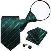 DiBanGu Mens Adjustable Zipper Ties, Woven Paisley Striped Plaid Necktie and Pocket Square Cufflinks Set Pre-tied Wedding Tie
