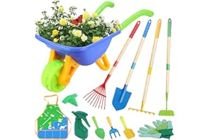 Magic4U 11-Piece Kids Gardening Set with Wheelbarrow, Shovel, Rake, Hoe, Gloves & Apron - Heavy-Duty Steel Tools & Interchangeable Handles, Outdoor Yard Toys for Boys Girls Ages 3-8