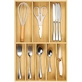 Fabsome Silverware Organizer for Kitchen Drawers, 2.5'' Deep 12.8'' Wide Bamboo Wood Flatware Tray with Deep Slots for Large Cutlery Utensil Drawer