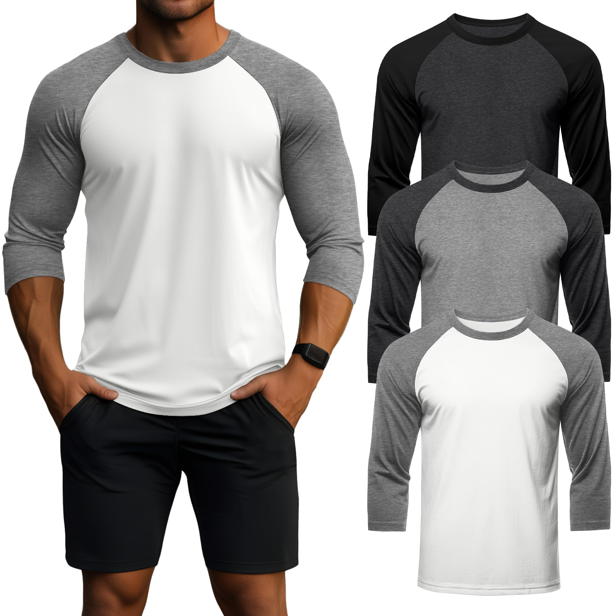 Photo 1 of Huukeay 3 Pack Men's 3/4 Sleeve Shirts Cotton Crew Neck Baseball T Shirts Moisture Wicking Athletic Tops(Dark Grey/Black, Light Grey/Dark Grey, White/Light Grey,4X-Large)