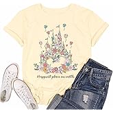 Magical Shirt for Women Happiest Place On Earth T-Shirt Balloon Flower Graphic Short Sleeve Tops Holiday Tee
