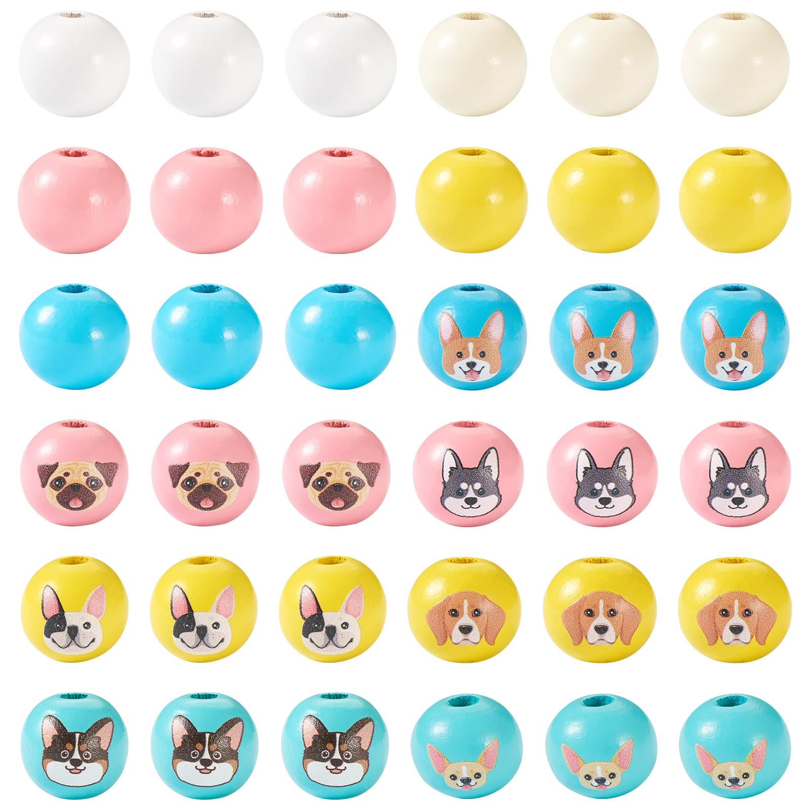Crafans 235Pcs Dog Theme Wood Beads - 16mm Round Large Hole, Cute Dog Patterns, Natural Wood, Loose Spacer Beads Bulk for DIY Jewelry Making