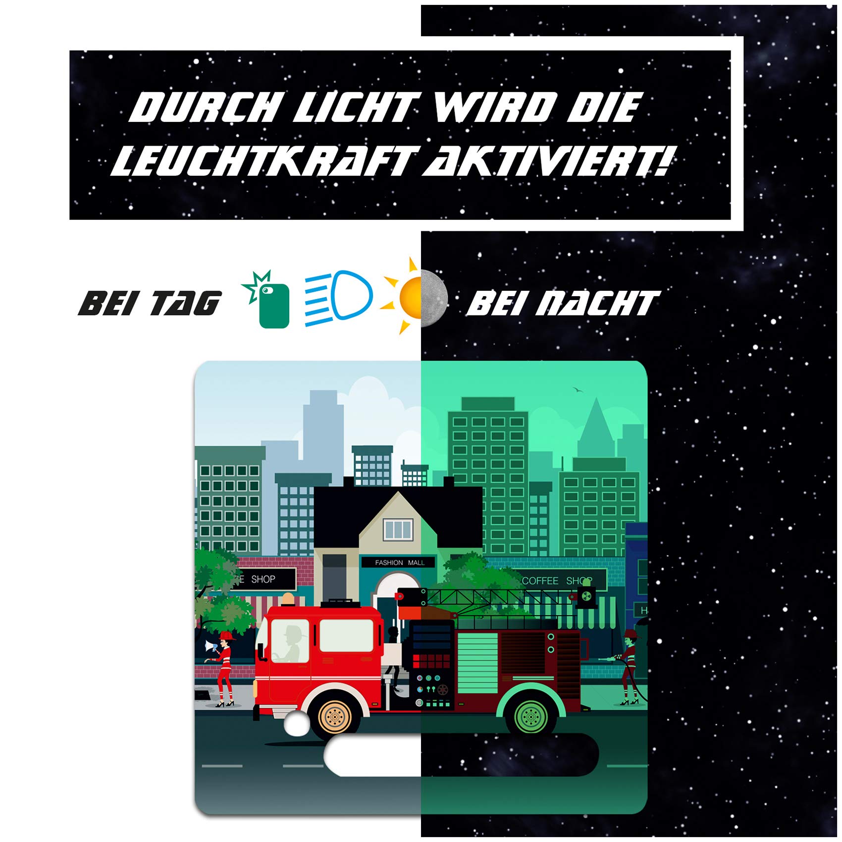 yabaduu Protective film, protective cover, luminous sticker for Toniebox, perfect fit, self-adhesive, child-friendly film for children, toys (Y031-13 fire brigade, glow-in-the-dark)