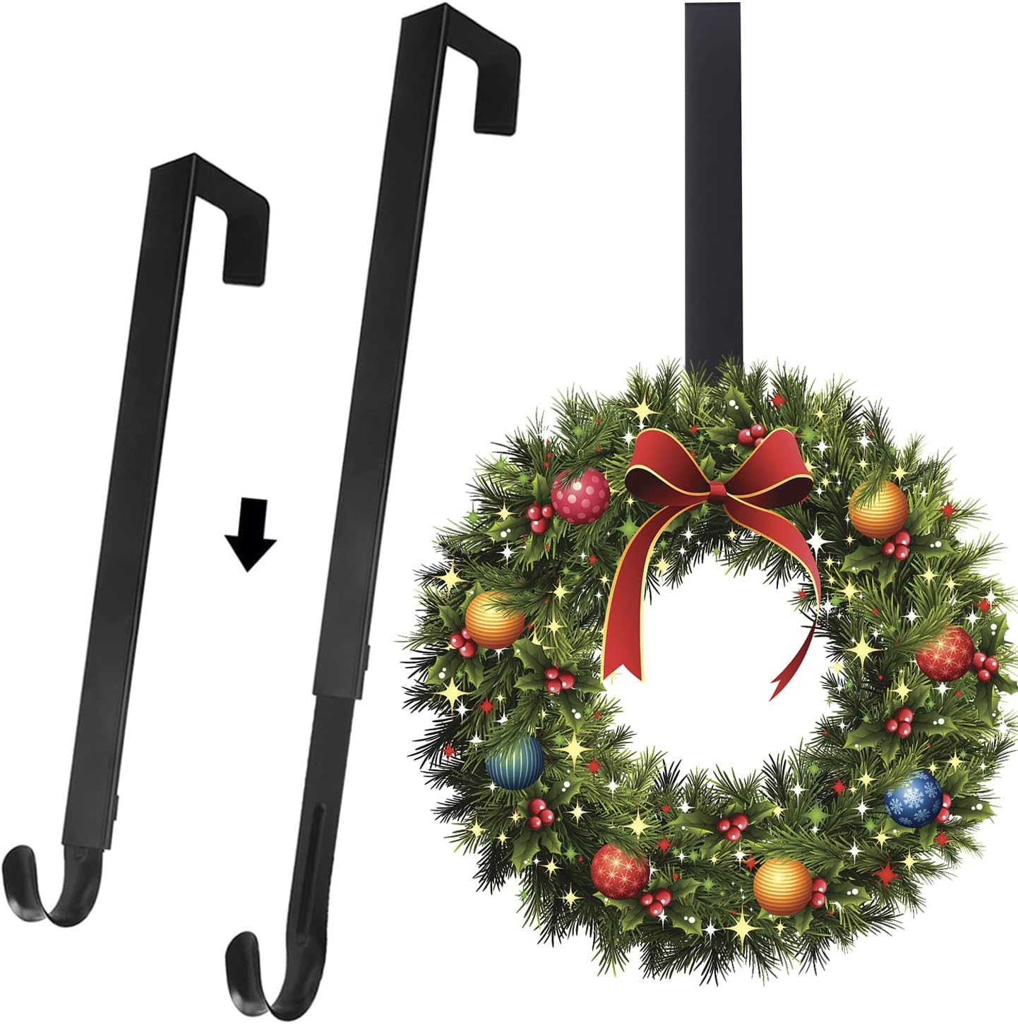Wreath Hangers - EUIQUE Wreath Hook for Front Door, Wreath Door Hanger Adjustable from 15 to 25 Inch for Hanging Fall Halloween Christmas Decorations, Black (1 pc (Adjustable))