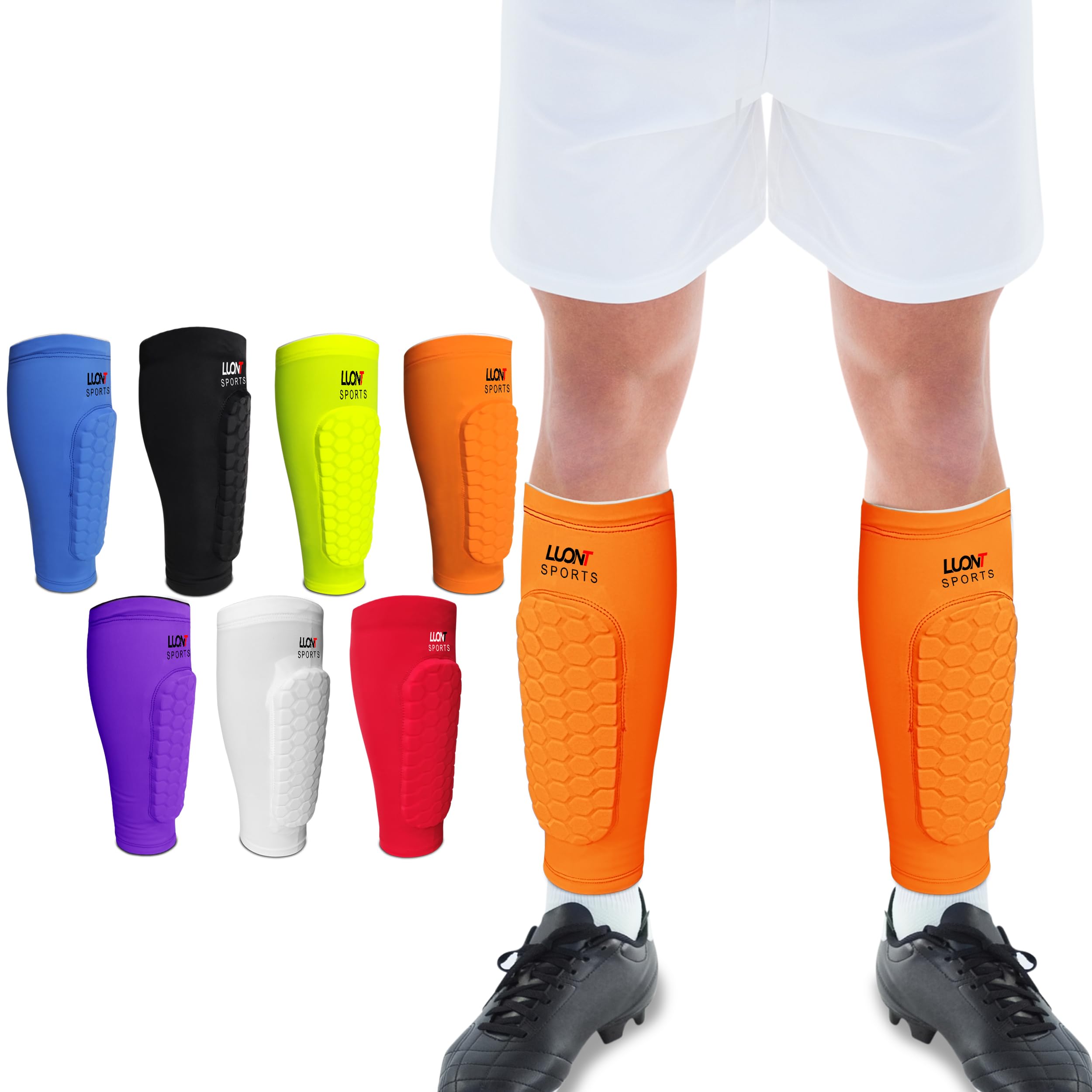 LUONT - Soccer Shin Guards for Men, Women & kids | Protective Football Soccer Pads with Superior Impact Absorption, Breathable, & Lightweight | Football Shin Guards Sleeves (M, Orange)
