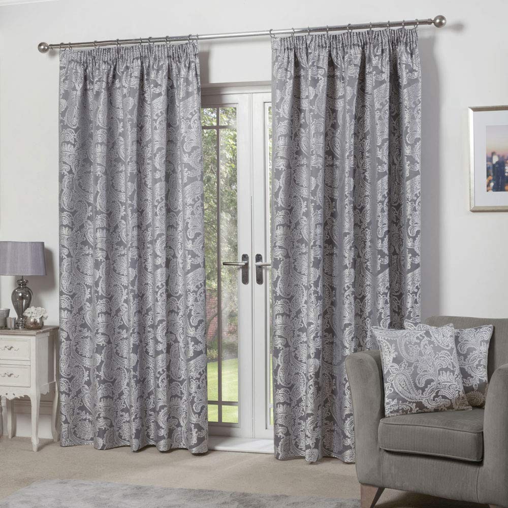 Emma Barclay – Fully Lined Curtains for Bedroom Living Room Jacquard Pencil Pleated Two Panel Paisley Damask Curtains Duchess Collection (90” x 90” Inch)(Silver) — image 1