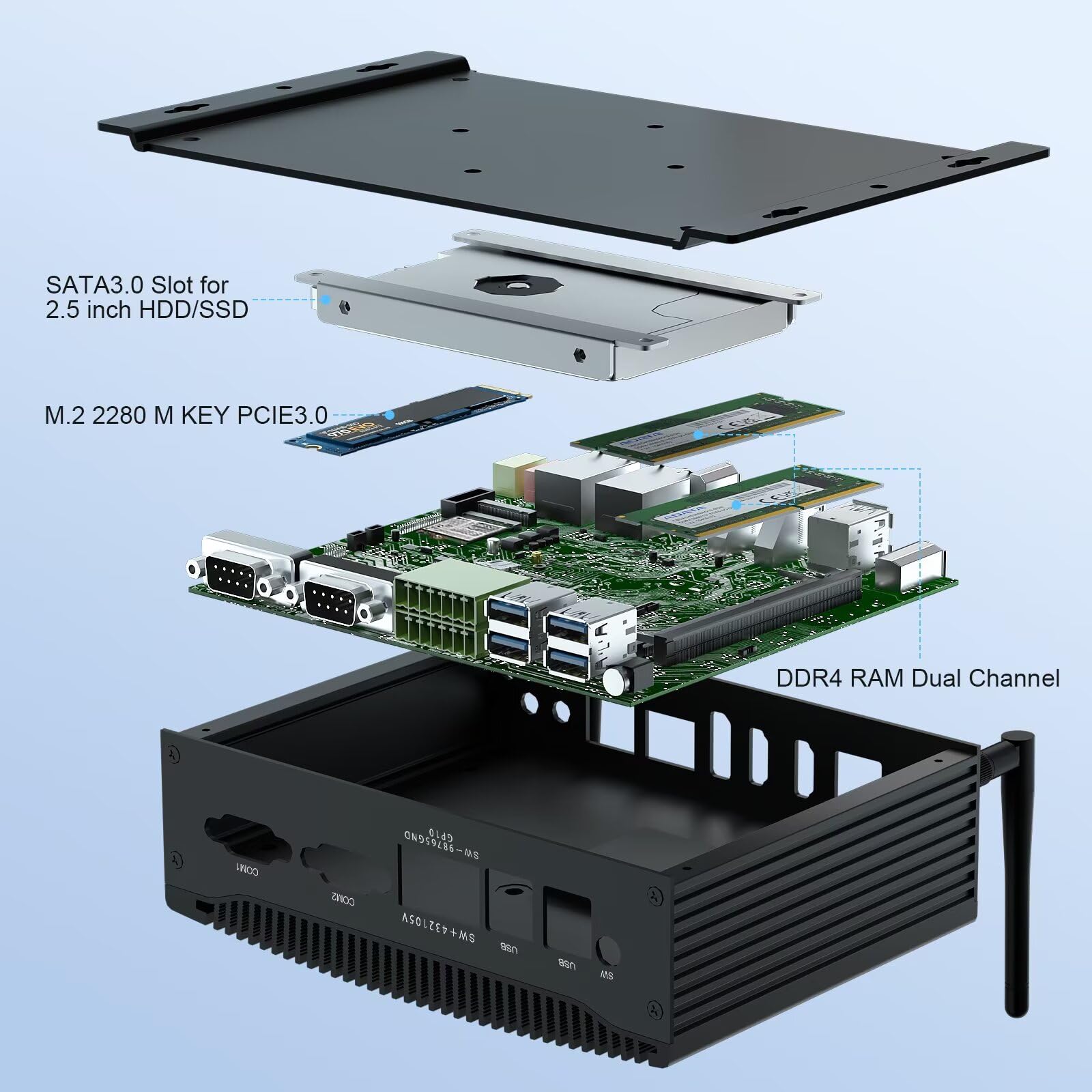 WEIDIAN PC Lüfterlos Industrie Mini PC Lüfterloser Core i7 10810U/10510U, 16GB RAM 512GB SSD Win11 Industrial Computer GPIO, 4K 2HD+DP, 2LAN, 2COM RS232/422/485, WiFi&BT RAID Wake On LAN Auto Power On 2
