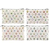 Hobbspring 4Pcs Flowers Makeup Bags 5.91x9.06 inch Canvas Cosmetic Bags Floral Bags with Zipper Polycotton Travel Toiletry Pouches for Women Party Shopping Home Travel Accessories