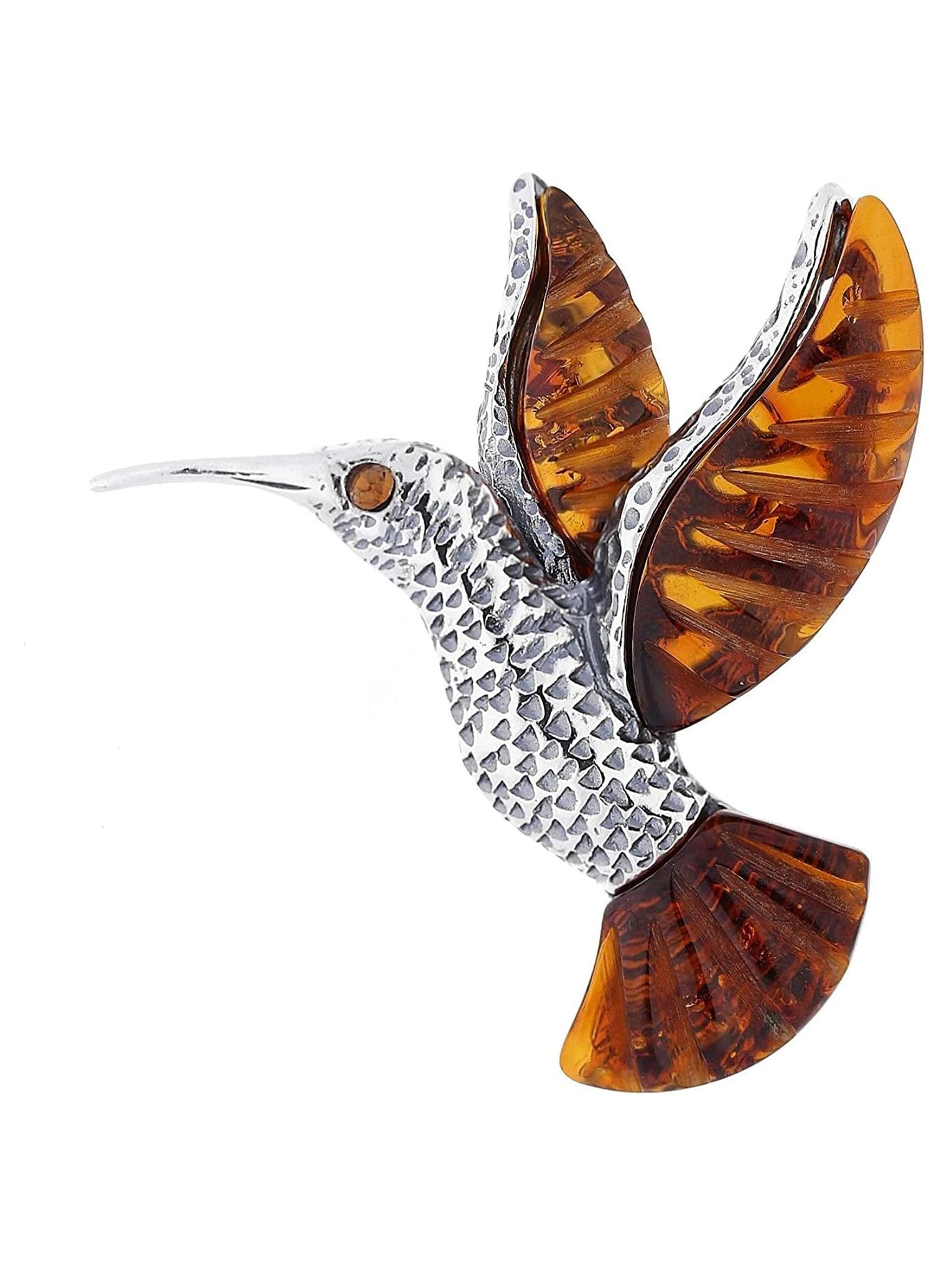 Hummingbird Oxidised Sterling Silver Brooch Pin/Clip of Orange Amber in Vintage Style for Women Ladies - 925 Sterling Silver - Brooch Jewellery
