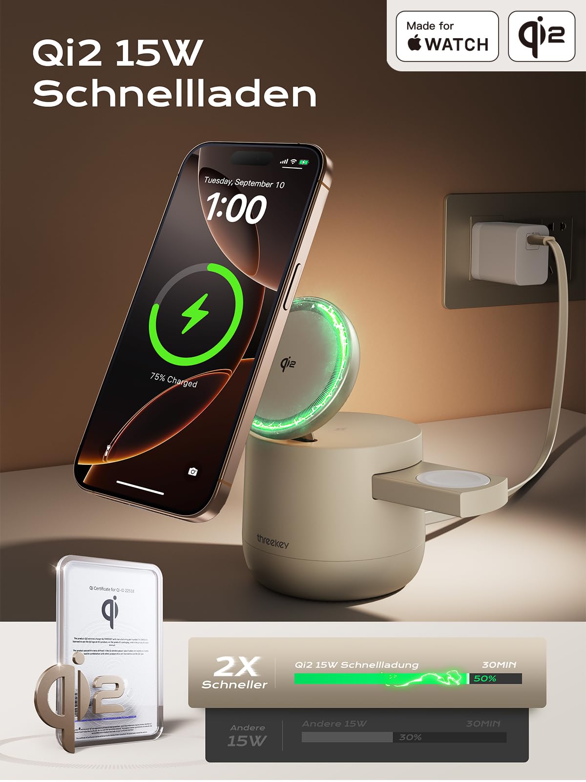 THREEKEY 4-in-1 Mag Wireless Ladestation Qi2 15W Magnet Ladegerät für iPhone 17/16/15/14/13/12 Serie, Apple Watch, AirPods, iPad, Magnetic Ladestation mit 65W Ladegerät im Lieferumfang enthalten 2