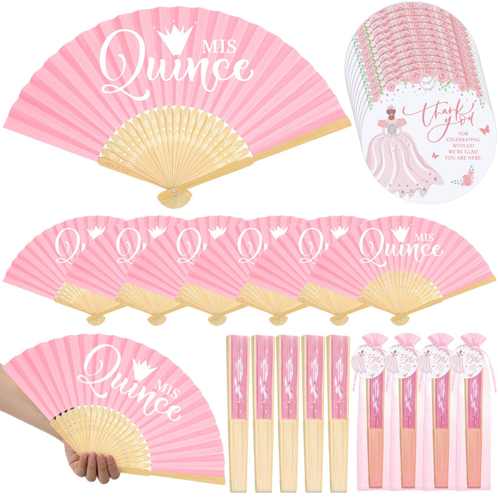 Photo 1 of Threehoney 50 Sets Quinceanera Party Favors for Guests Mis Qunice Folding Paper Fans Bamboo Fans with Thank You Tags and Gift Bag Handheld Fans Sweet 15 Birthday Party Favors for Girls(Pink)