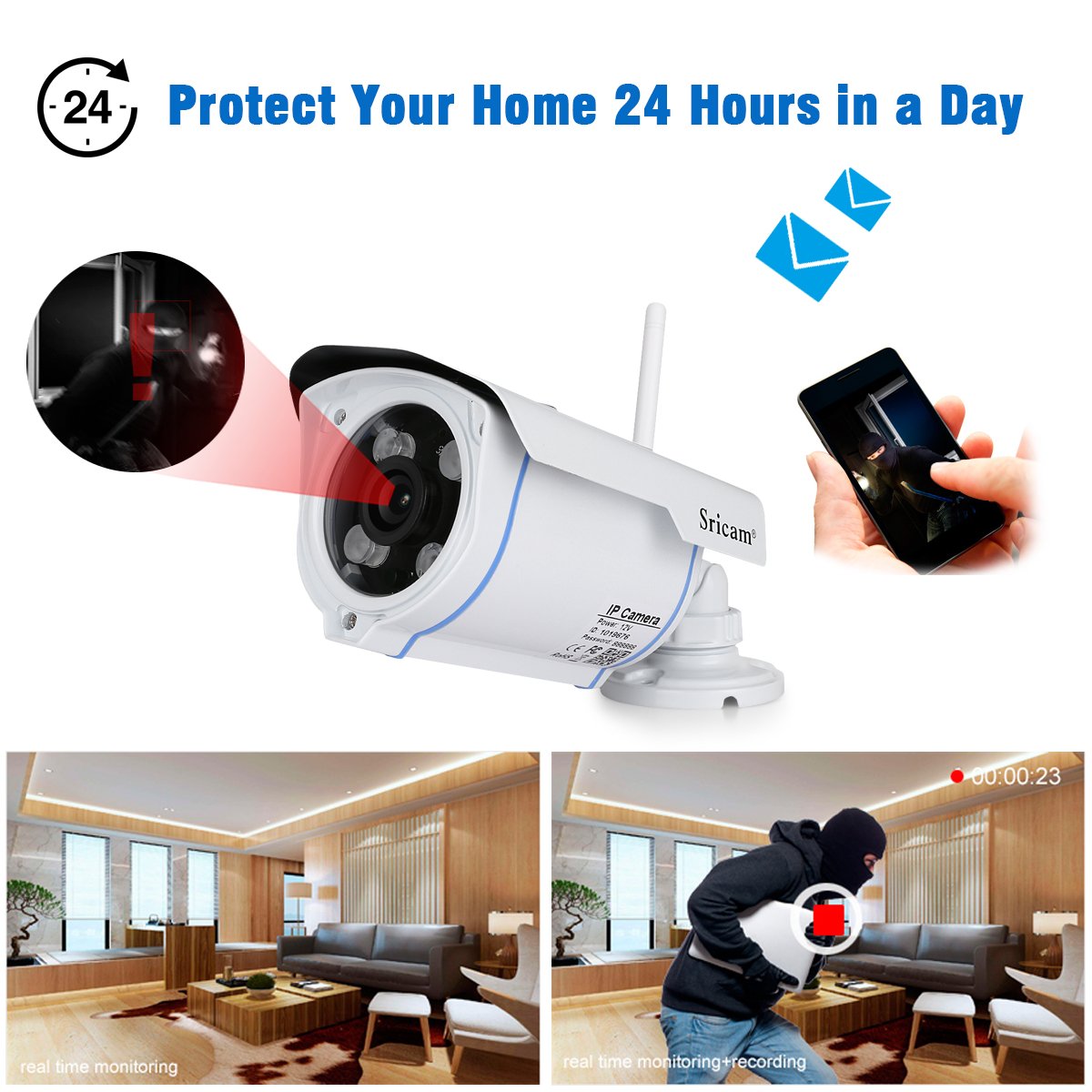 Sricam Wireless IP Camera 720P Outdoor Security Camera H.264 ONVIF IR-CUT with Automatic Night Vision Support IOS and Android System/Remote View/Motion Detection