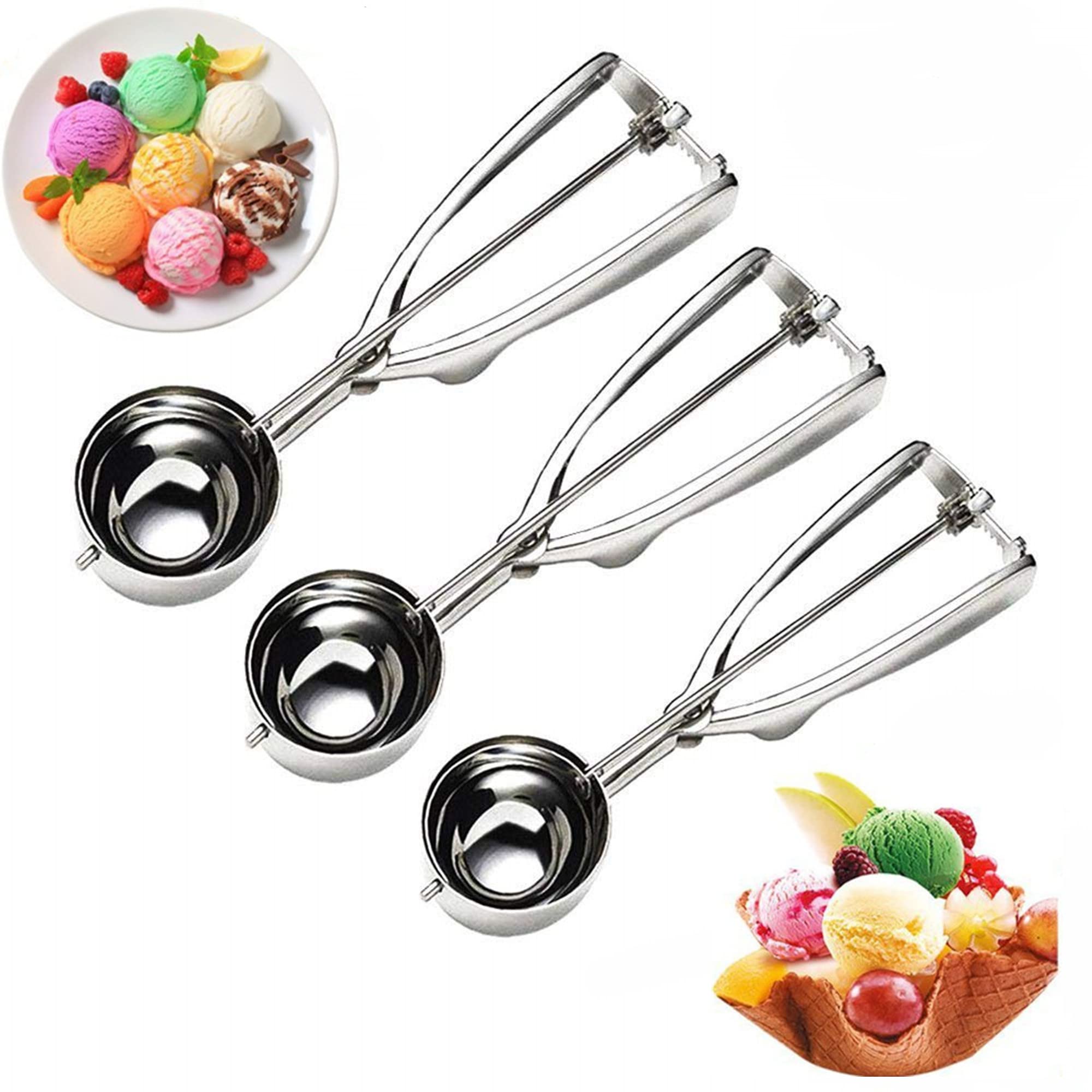 FUKTSYSM Ice Cream Scoop - 3 Pcs Stainless Steel Ice Cream Scoop Trigger Include Small Size（1.57 Inch, Medium Size (1.96 Inch), Large Size (2.36 Inch), Melon Scoop (Cookie Scoop)