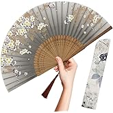 OMyTea Folding Hand Fan for Women - Foldable Chinese Japanese Vintage Bamboo Silk Fan - for Hot Flash, Church, EDM, Music Fes