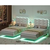 2 Set Twin LED Bed Frame with Charging Adjustable Headboard, Floating,Beige | Upholstered Velvet Twin Size Platform Bed for Girls Boys, Crystal Button-Tufted Headboard, Needn't Box Spring, Safe, No Noise