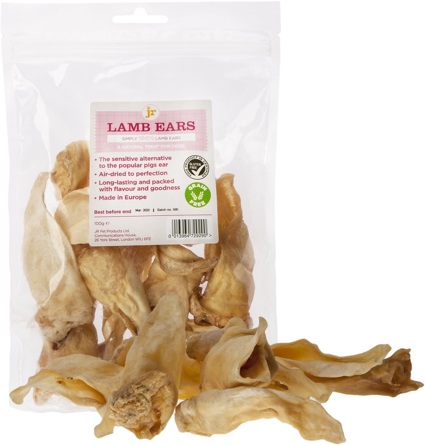 JR Pet Products200g Lamb Ears (Approx 25) 100% Natural Hypoallergenic Dog Treat Chew Supplied