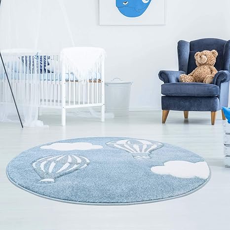 Kinderteppich Hochwertig Bueno mit Heißluft-Ballon, Wolken in Blau/Weiß mit Konturenschnitt, Glanzgarn für Kinderzimmer Größe