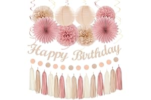 Blush-Pink Champagne Beige Happy-Birthday Party-Decorations - 31pcs 15th Women Girls Paper Lanterns Streamers Banner,Rose Gold Tissue Flowers Pom Poms Fans Tassels Graland Decor Supplies Hugmoon