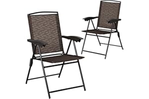 Goplus Folding Sling Chairs Sets of 2, Portable Chairs for Patio Garden Pool Outdoor & Indoor w/Armrests & Adjustable Back