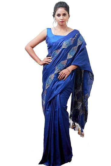 Linen Pure and Soft Blue Party Designer Embroidered Womens Linen Saree with Bouse Piece (Free Size)