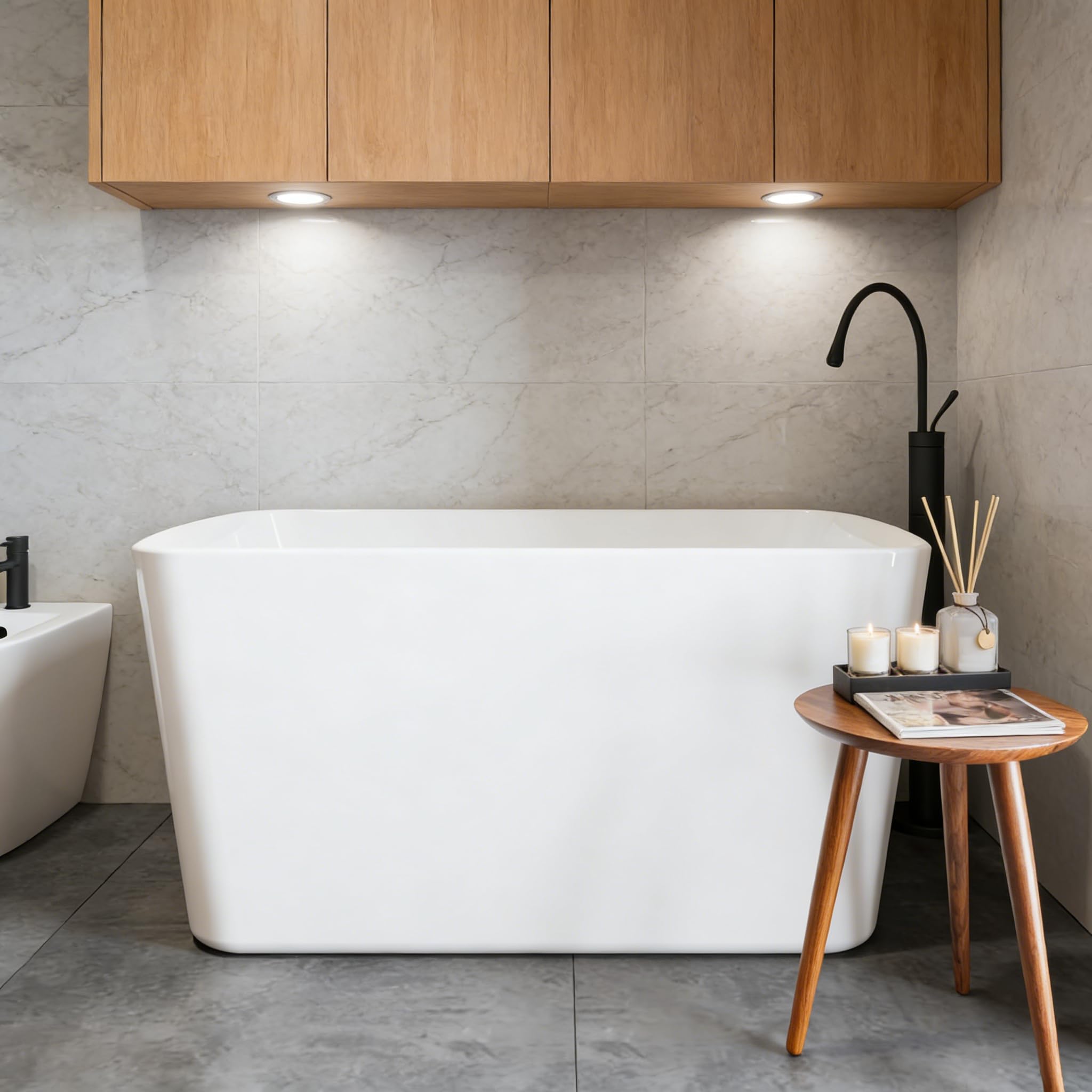 Photo 1 of ********FINAL SALE - NO RETURNS********* 49 Inch Acrylic Freestanding Bathtub, Japanese Square Soaking Tub with Built-in Seat, Toe-Tap Drain, Slotted Overflow, cUPC Certified White Standalone Tub for Modern Bathroom Upgrade