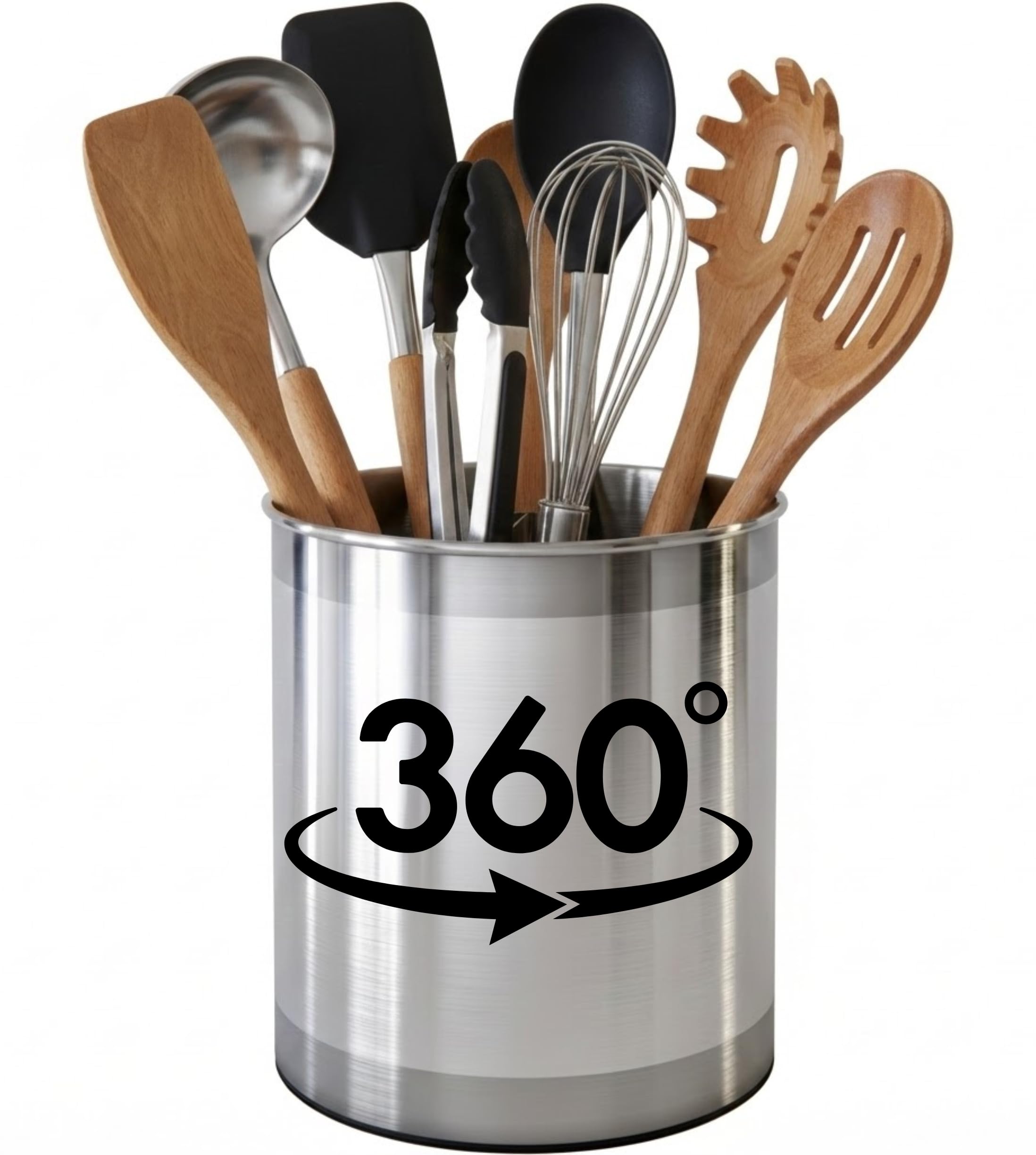 Cooler Kitchen Extra Large Rotating Stainless Steel Utensil Holder Caddy with Sturdy No-Tip Weighted Base, Removable Divider, and Gripped Insert Dishwasher Safe