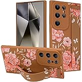 MOWIME for Samsung Galaxy S24 Ultra Case with Wrist Strap, Cute Flower Rose Butterfly Design Soft TPU Protective Case for Women Girls Slim Shockproof Cover with Adjustable Kickstand Holder - Brown