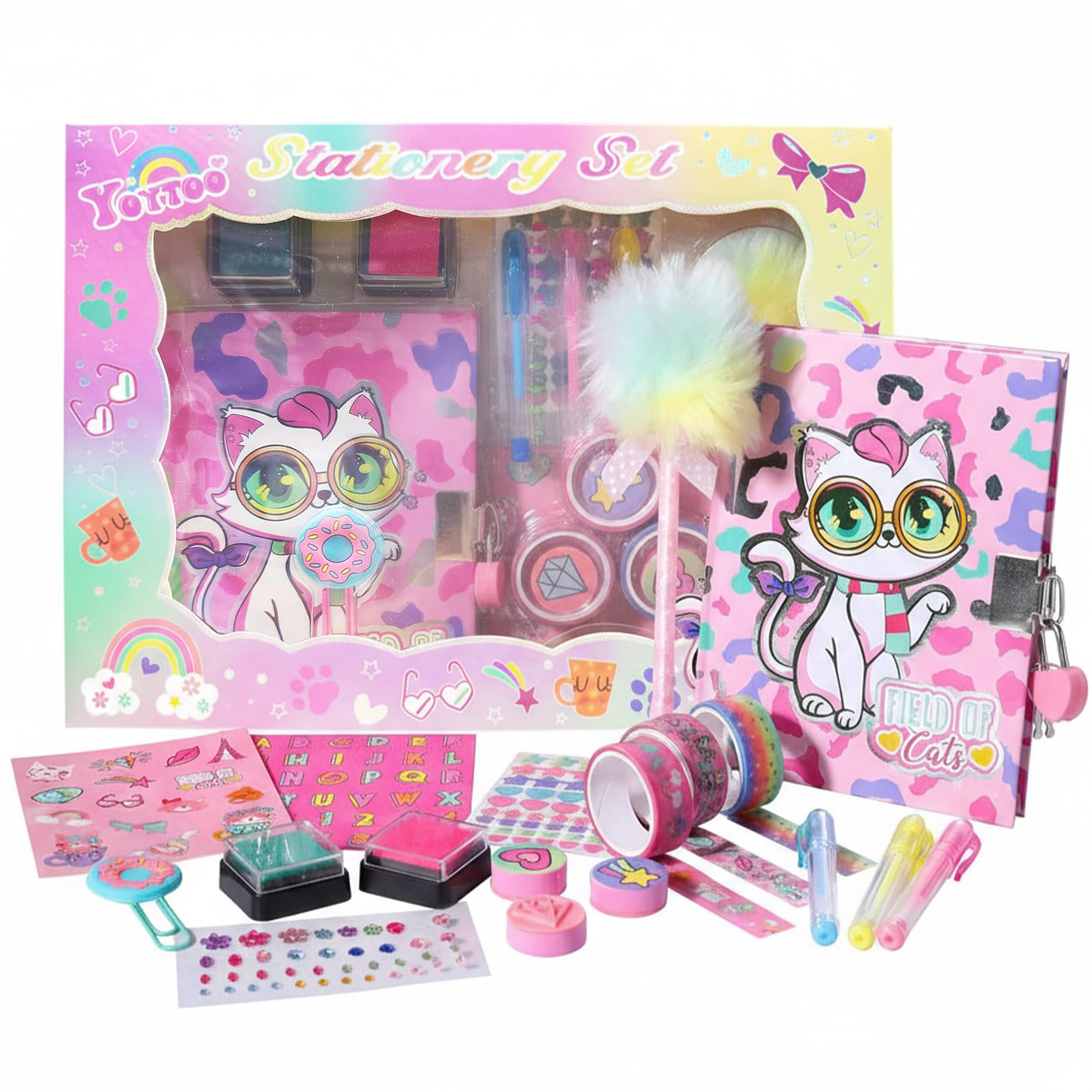 Pinkgarden Cat Diary for Girls with Lock & Keys - Cat Stationery Set with Journal, Pompon Pen, Stamps, Stickers, Ideal Birthday Gift for Girls Aged 4-12 Year Old — image 1