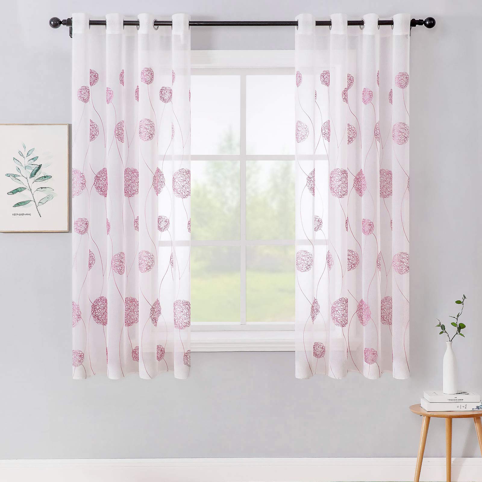 MIULEE Embroidery Sheer Curtains Flora Design Grommet Window Curtain Semi Voile Drapes Panels with Eyelets Window Treatments for Living Room Bedroom 2 Panels 55" W x 57" L Pink