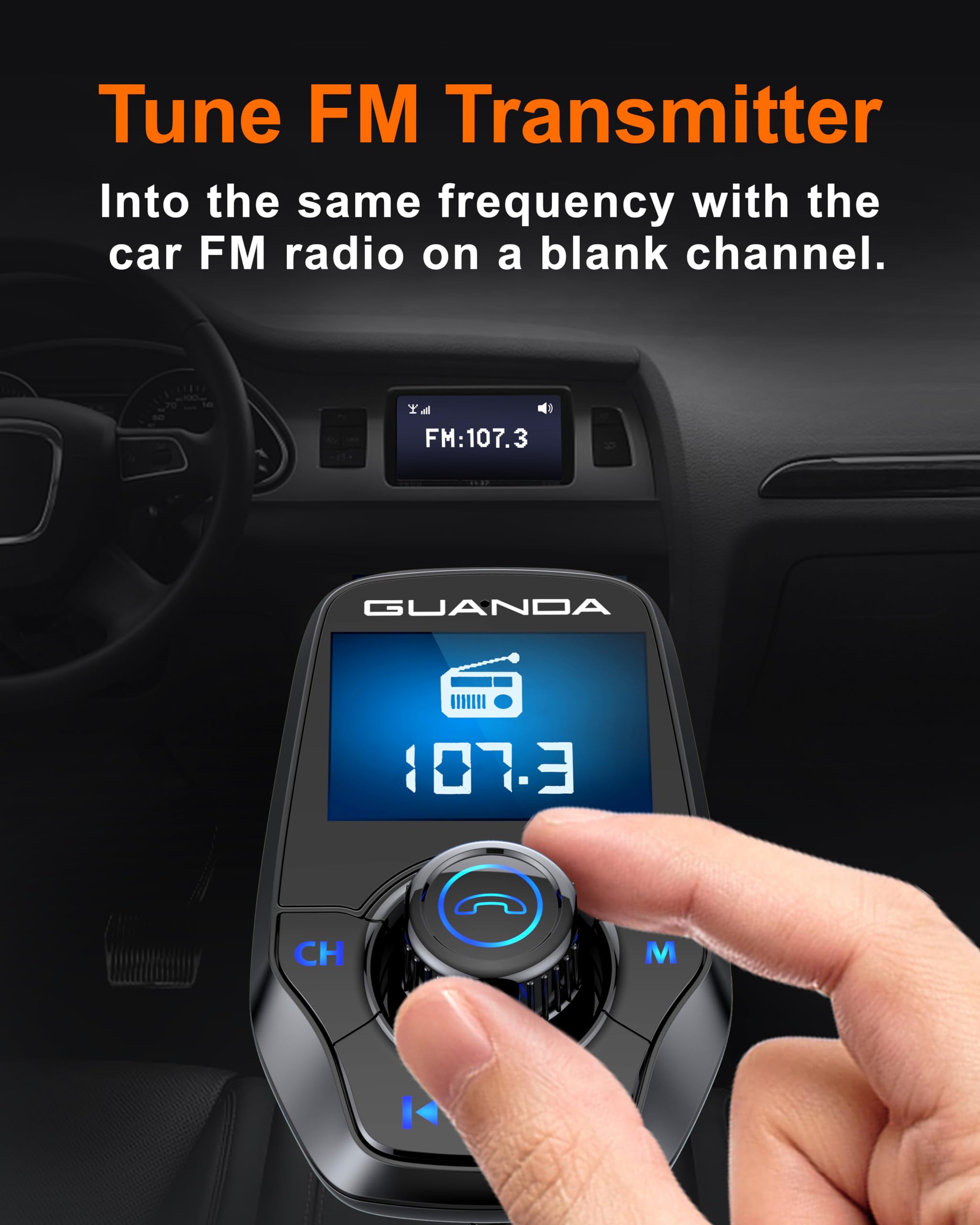 FM-Transmitter Bluetooth 5.3 für Autos, Bluetooth-Radioadapter-Transmitter für Autos, kabelloser Audio-Transmitter und -Empfänger, 1,44-Zoll-Display, AUX-EIN-/Ausgang, SD-/TF-Karte, USB-C-Ladegerät 3