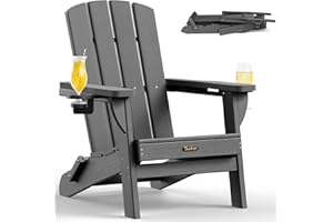 SUUNYN Folding Adirondack Chair, HDPE All-Weather Fire Pit Chairs, Plastic Adirondack Chairs with 2 Cup Holder, Outdoor Lawn Chair for Patio Garden (Grey)