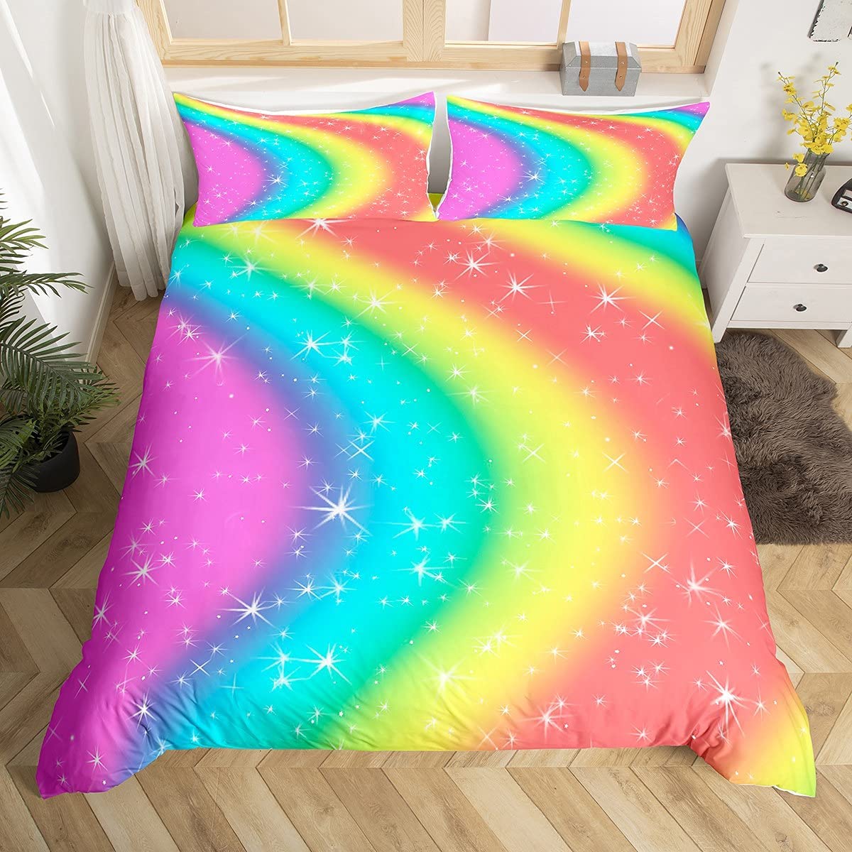 Loussiesd Rainbow Kids Girls Duvet Cover Set Colorful Cartoon Printed Bedding Set with Zipper Ties 2 Pieces Ultra Soft Microfiber Comforter Cover Set for Adult Women Teen, No Comforter Single Size — image 1