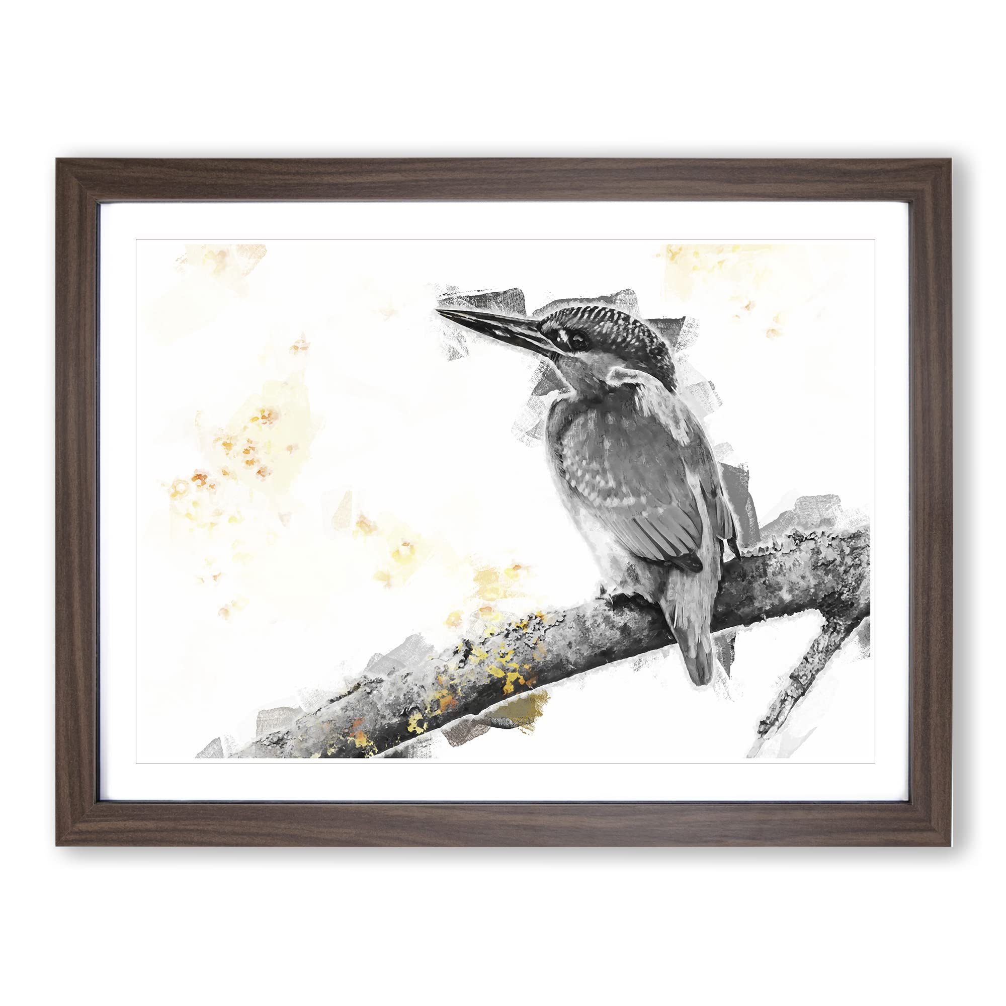 Kingfisher Bird On A Branch In Abstract Modern Art Framed Wall Art Print, Ready to Hang Picture for Living Room Bedroom Home Office Décor, Walnut A3 (46 x 34 cm)