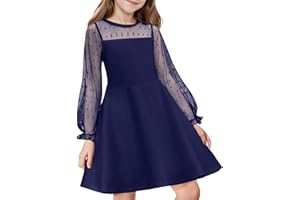 Flypigs Girl's Dress Sheer Mesh Puff Long Sleeve High Waist Party Dresses with Pockets for 6-13 Years