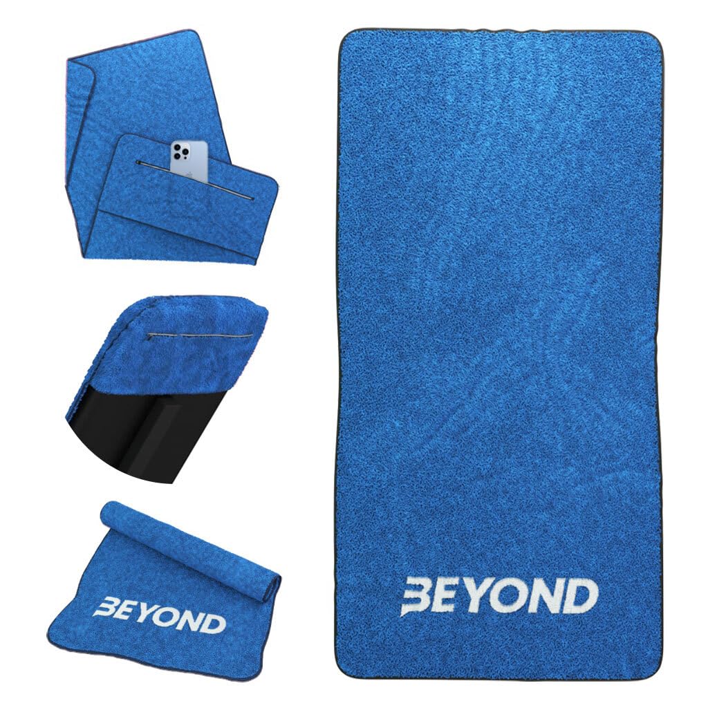 Beyond Gym Towel with Zip Pocket Cotton, High Absorbent for Crossfit Weightlifting and Running Blue