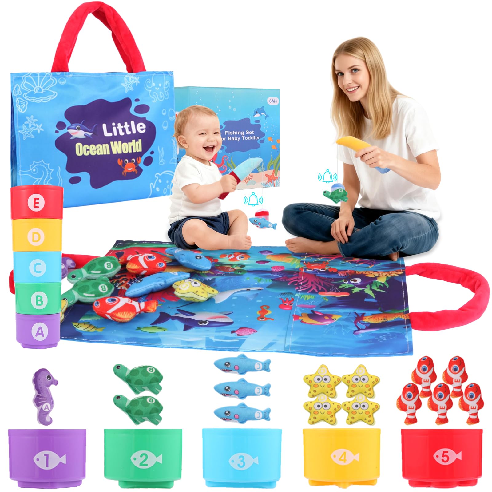 Montessori Toddler Toys for 1 2 3 Year Old Boys Girls, 2 Poles 23PCS Fabric Interactive Fishing Game for Baby 6 to 9 12 18 Months, Sensory Early Learning Set Easter and 1st Birthday Gift for Kids