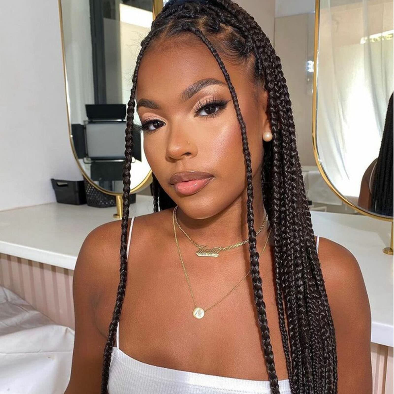 Handmade Black Braided Wigs for Black Women Long Synthetic Lace Front Wigs Realistic Straight Long Black Micro Box Braid Hair Wig Glueless Heat Resistant Fiber Hair Density 26inch