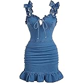 WDIRARA Women's Runched Tie Front Mini Denim Dress Ruffle Sleeveless Bodycon Cami Dresses