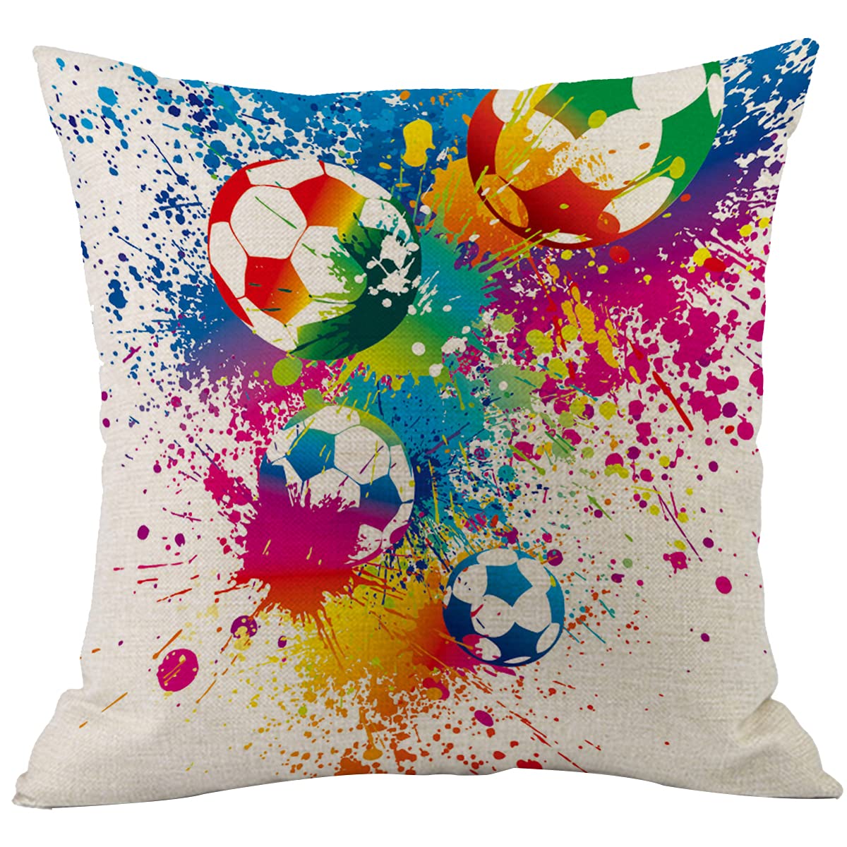 CANSEGO Football Pillow Covers Cases Rainbow Splashes Sports Soccer Balls Passion Doodle Blot Polka Dot Throw Pillow Cushion Cotton Linen 18x18 Inch Home Decor Couch Desk Bedroom