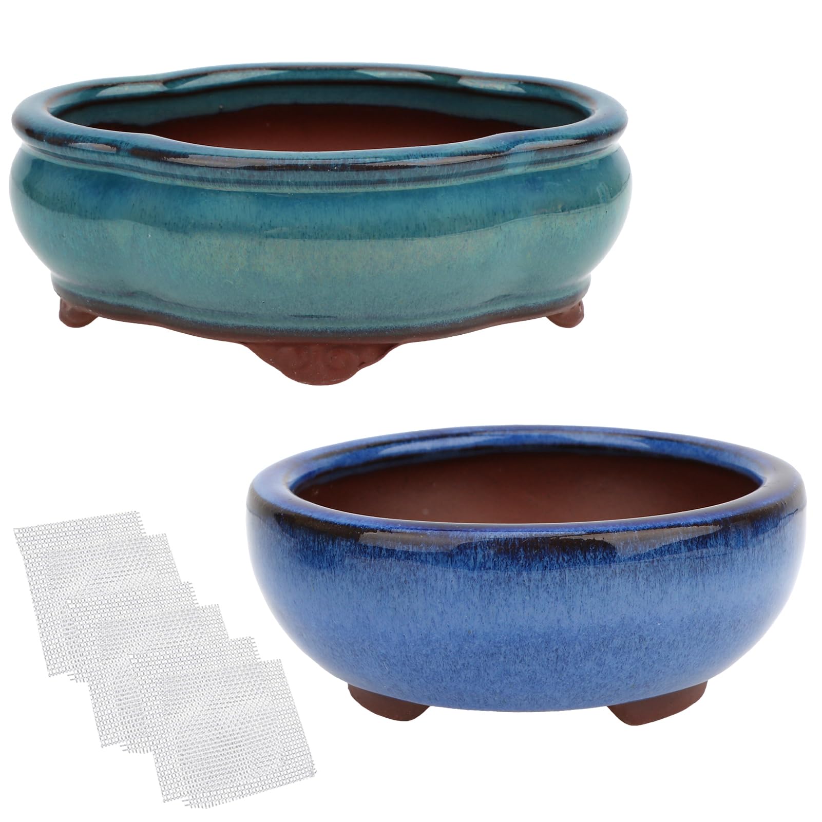 happy bonsai 4.9" 5.7" Small Glazed Pots Set of 2 + 6 Soft Mesh Drainage Screens