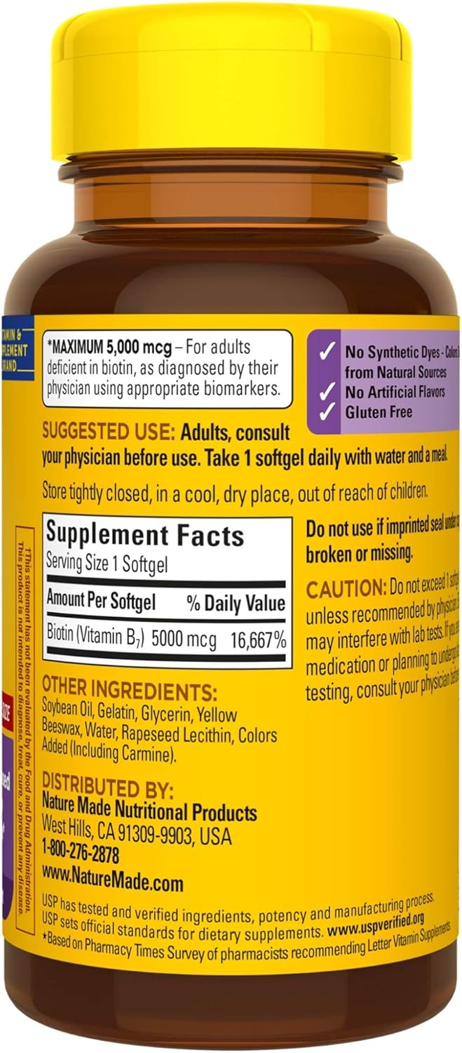 Nature Made Maximum Strength Biotin 5000 mcg Softgels, 120 Count Value Size (Packaging May Vary): Health & Personal Care