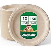 JOLLY CHEF Compostable Heavy Duty Plates 𝟭𝟬 𝗜𝗻𝗰𝗵 [𝟭𝟱𝟬 𝗣𝗮𝗰𝗸] Eco-Friendly Disposable Natural Paper Plates Bagasse Biodegradable Bulk for Party Dinner Thanksgiving Day (Brown)