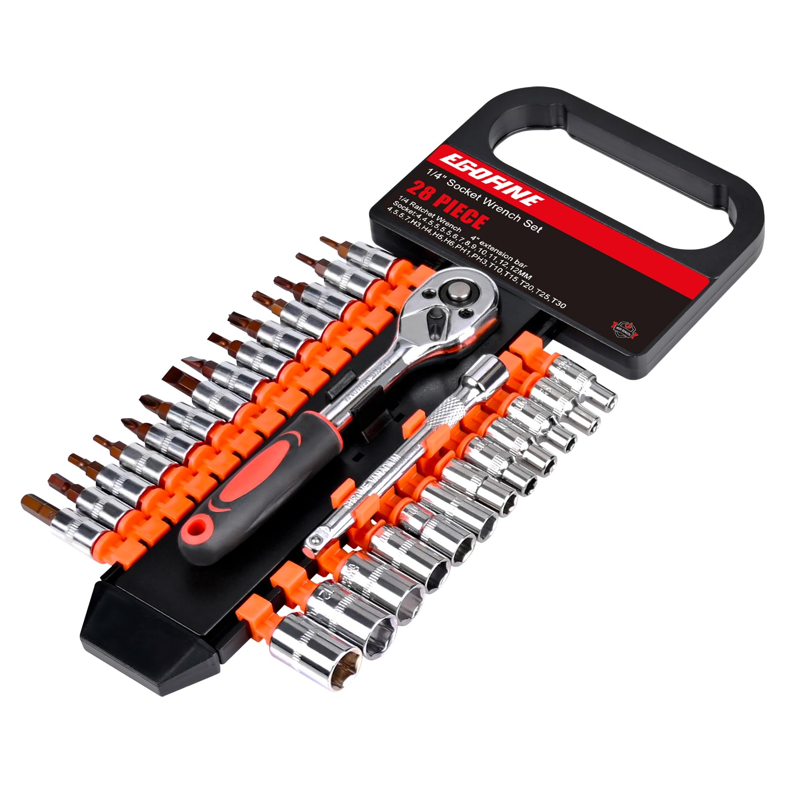 Photo 1 of Egofine 28pcs 1/4 Inch Ratchet Socket Wrench Set, Drive Socket Set with 12 Sockets and 14 Bits, with Extension Bars