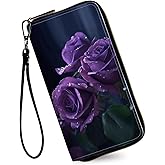 RAUEDWDJS Women's Wallets,Credit Card Holder Money Leather Long Wallet with Wristlet,Large Capacity with Zip-Around Phone Purse for Women Ladies Girls,Three Purple Roses