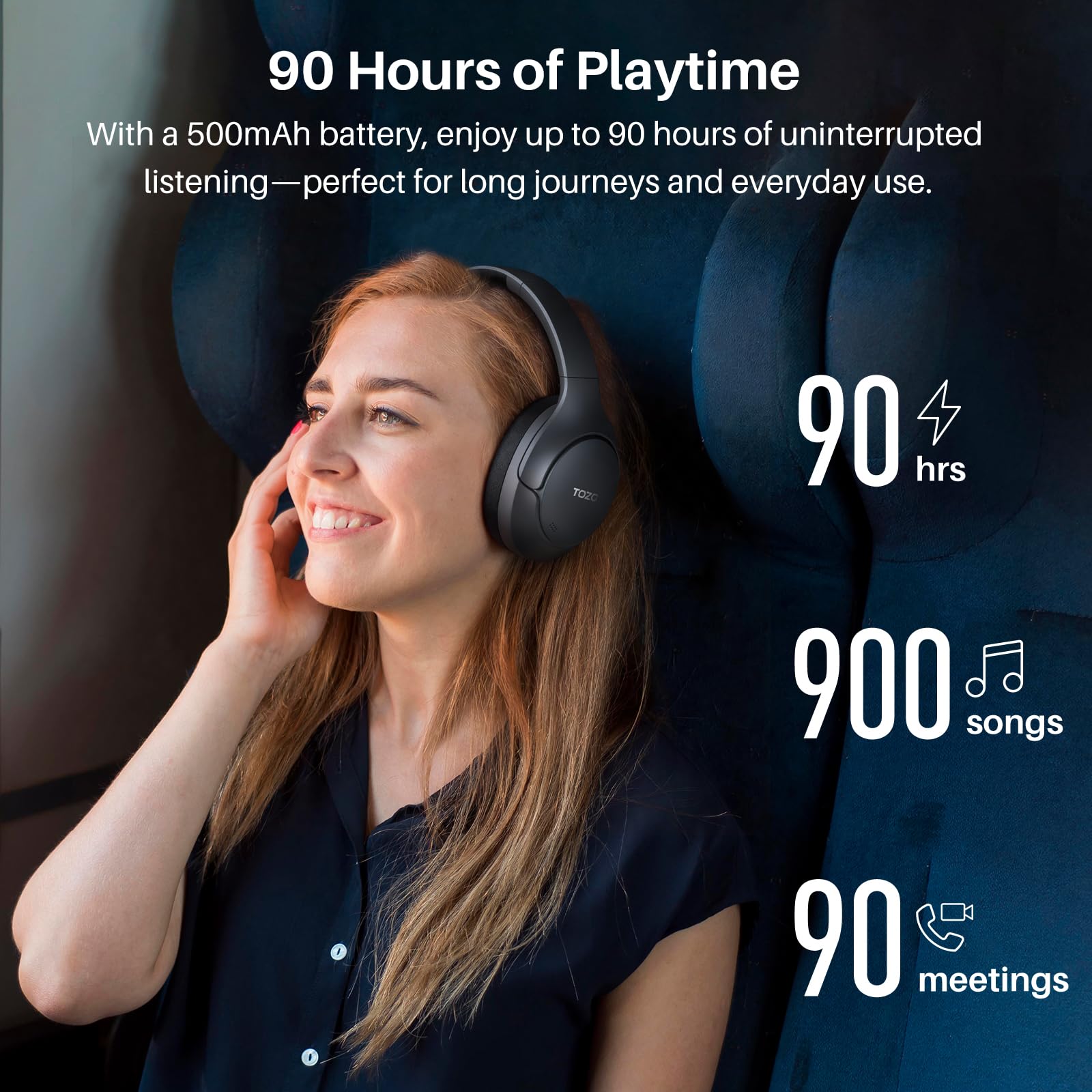 TOZO HT3 Hybrid Noise Cancelling Headphones, 90H Playtime Wireless Over Ear Bluetooth Headset, Spatial Audio AI Chat with 5 Mics, Supports Dual Connection and USB-C Input, with 32 EQ Music Modes