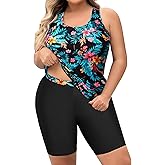 Daci Women's Plus Size Tankini Swimsuit - Two Piece Rash Guard with Capris Shorts and Athletic Racerback Bathing Suit