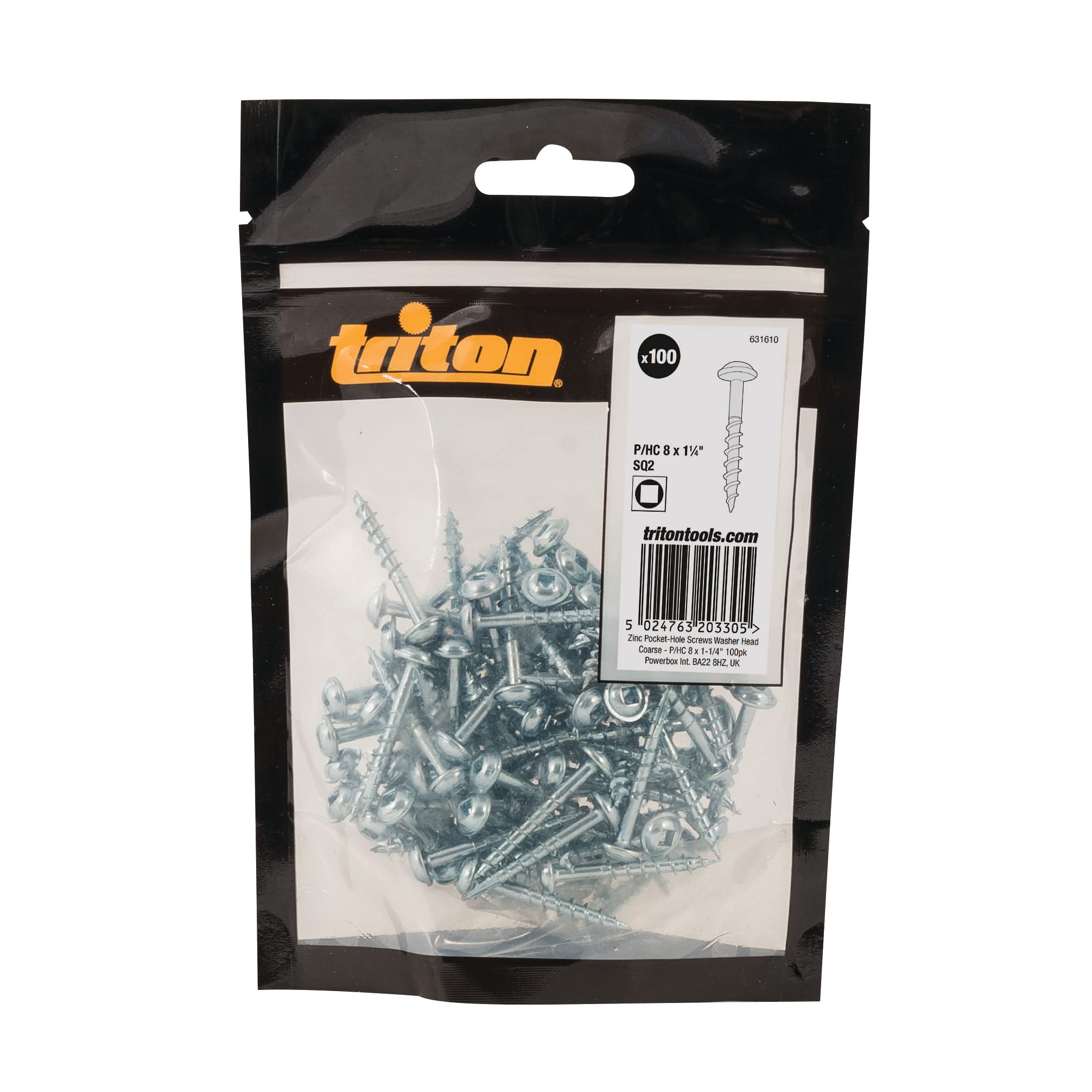 Triton 631610 Galvanised Pocket Hole Screws with Disc Head and Coarse Thread 8 x 1 1/4 Inch Pack of 100 Silver (Packaging may vary)